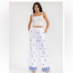 Bohemian Wide Leg Embroidered Linen Pants